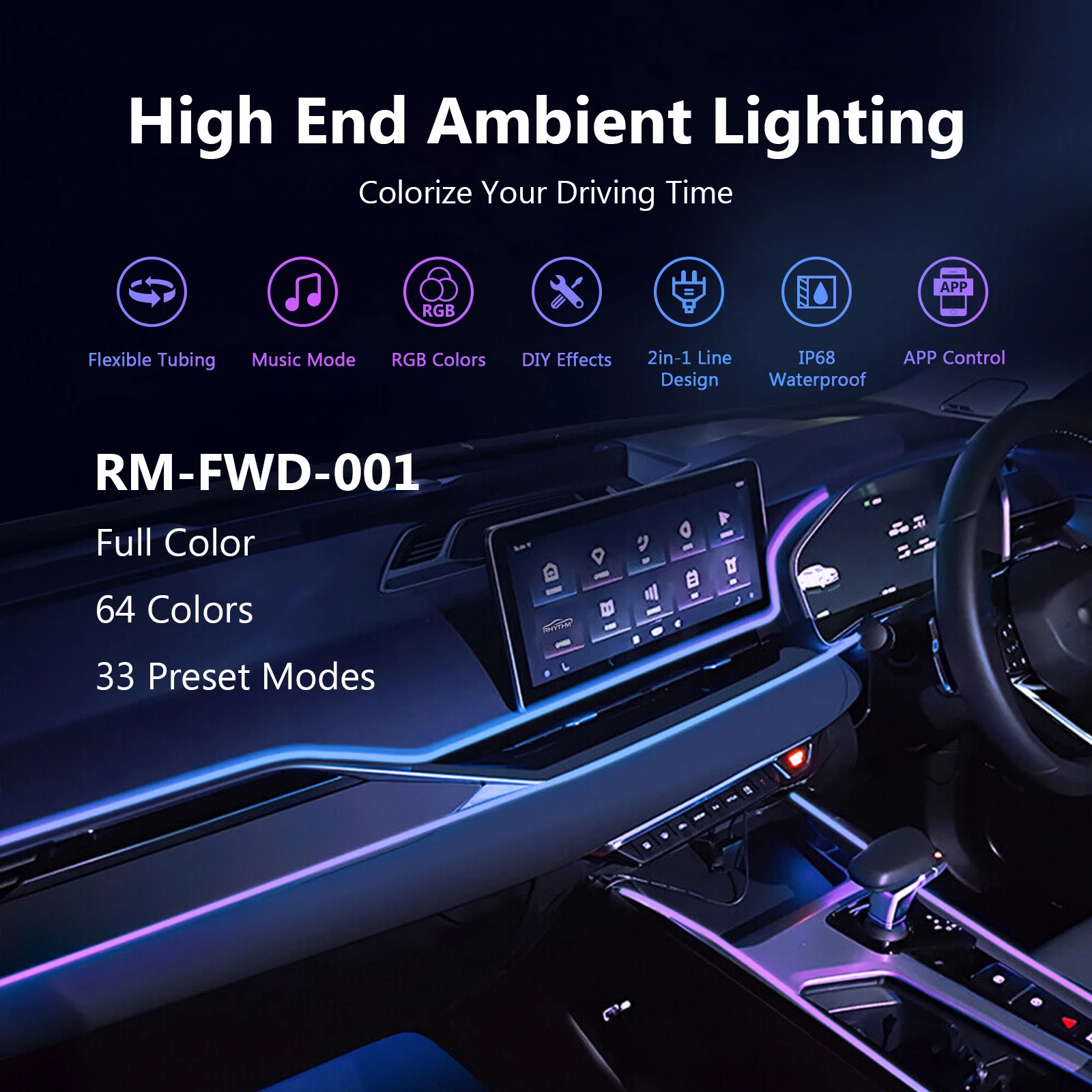 

Smart Car Ambient Light Kit 18-in-1 64 Color RGB LED Strip with Wireless App Control Music Sync Mode Can Be Cut for All Cars
