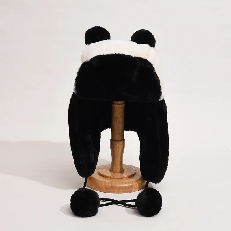 black white plush fur winter hats for women cute panda pattern bomber hats with ear flaps pompom winter caps