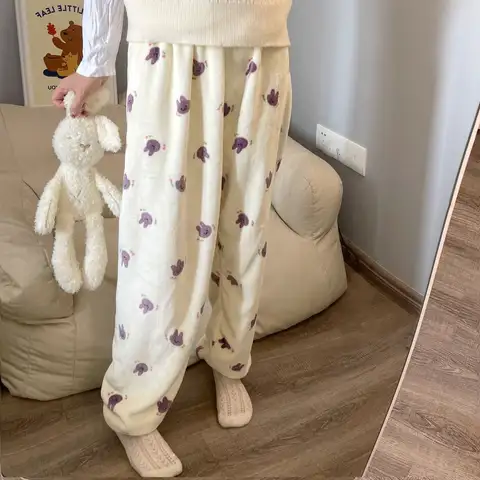Korean Kawaii Rabbit Pajamas Pants Warm Fluffy PJ Pants Cute Women Pyjamas Thick Plush Flannel Sleepwear Girls Homewear Trousers
