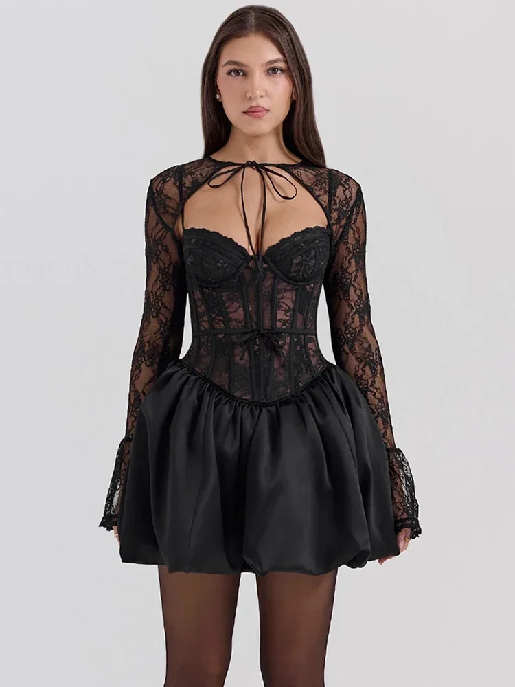 Black Lace Puffball Sexy Mini Dress For Women Fashion Lace-up Sheer Long Flare Sleeve High Waist Club Party Dress