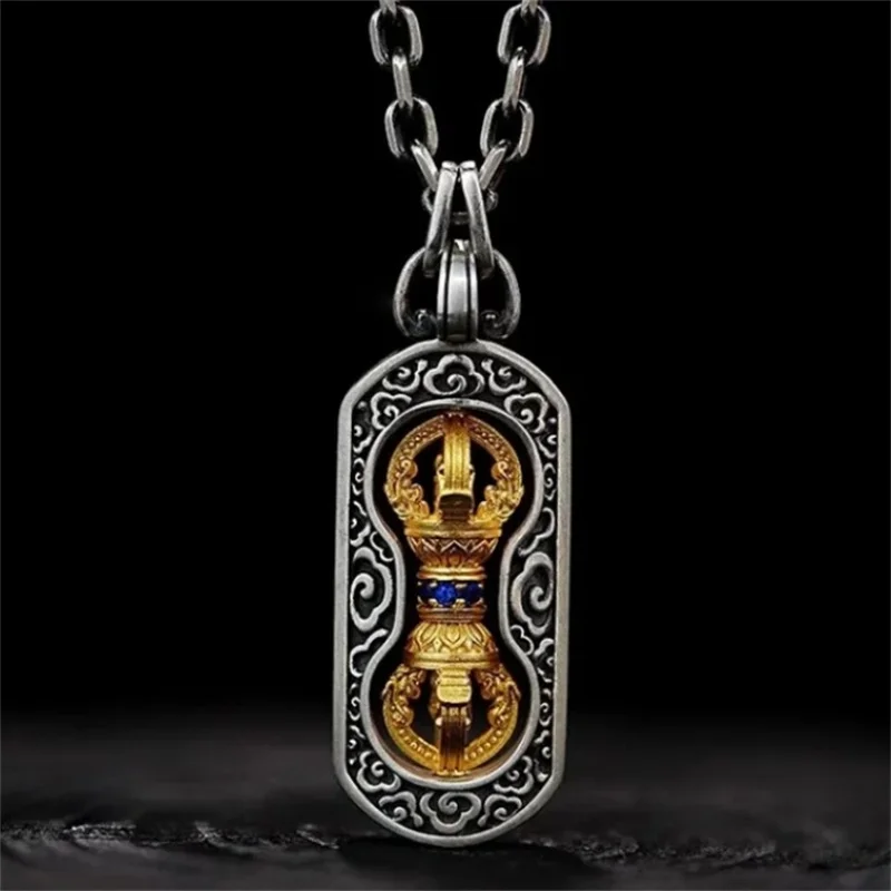 

Blessing Ward Off Evil Vajra Pestle Pendant Male Choker Accessories Vintage Relief Auspicious Clouds Safety Card Necklace Men