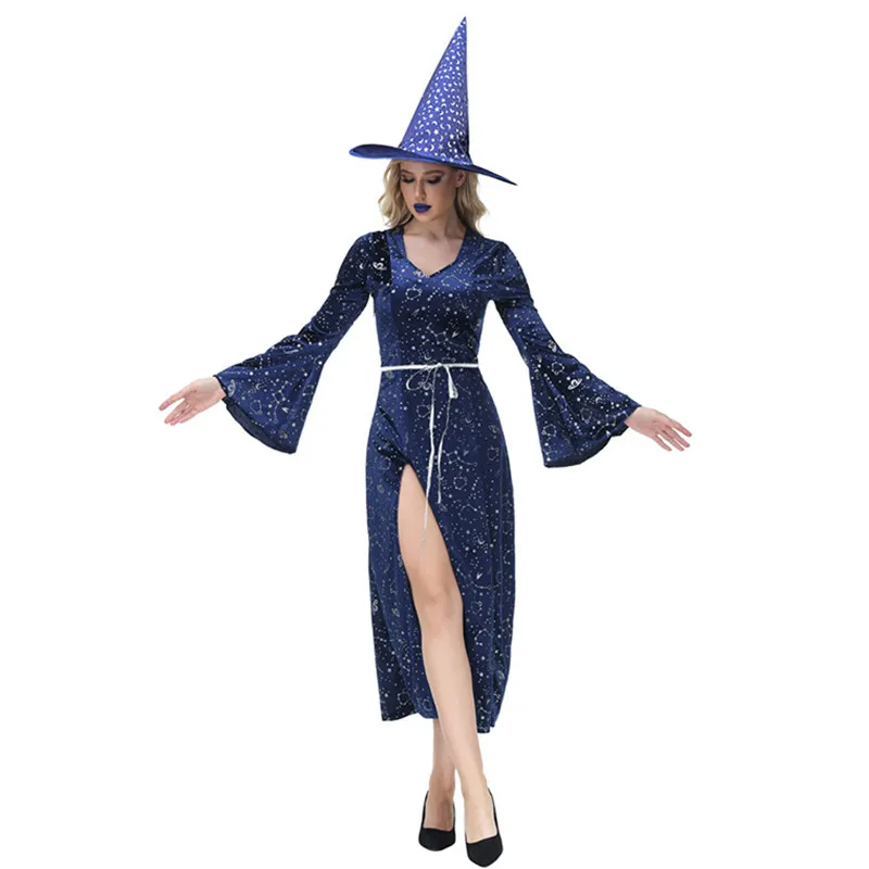 Lua azul estrelas imprimir gótico mulher halloween augur trajes feminino bruxa feiticeira cosplay carnaval purim role play vestido de festa