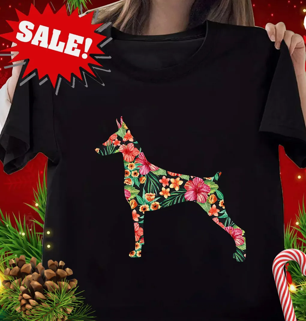 Doberman Flower Funny Dog Silhouette Floral Gifts Women T-Shirt S-5XL