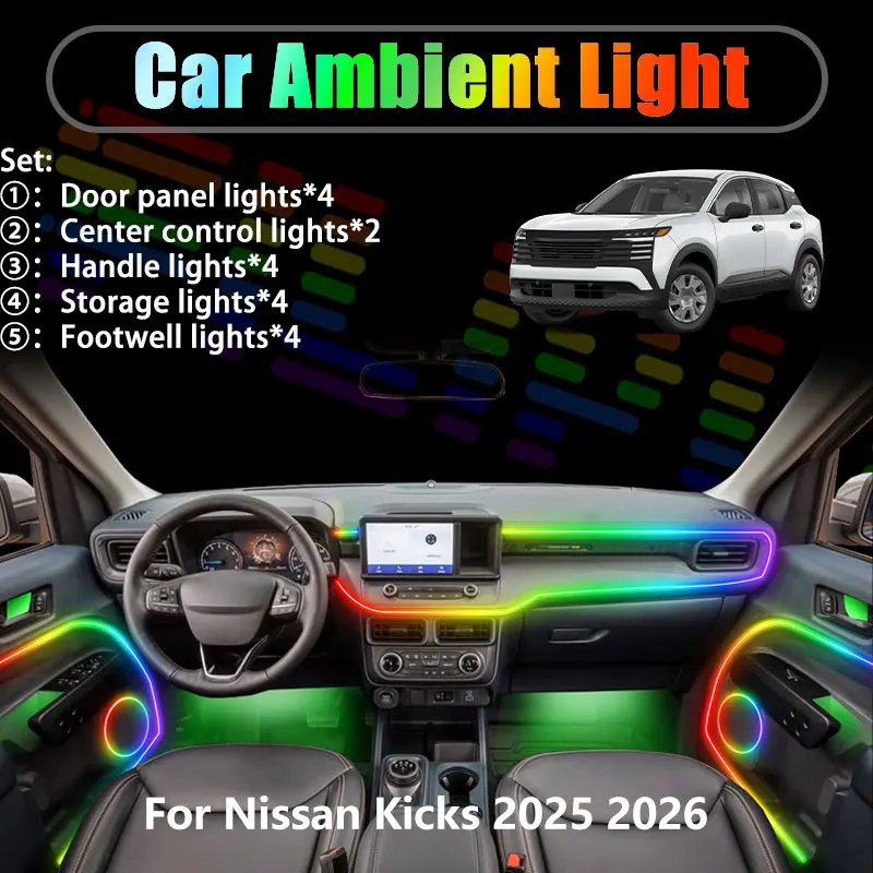 

Для Nissan Kicks 2025 2026 P16 MK2 2-го поколения (2018 г.) — комплект светодиодной подсветки салона и багажника USB RGB Ensemble Streamer