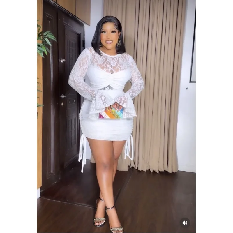 Robe moulante froncée en dentelle, nouveau Style européen et américain, élégante, manches longues, vêtements pour femmes