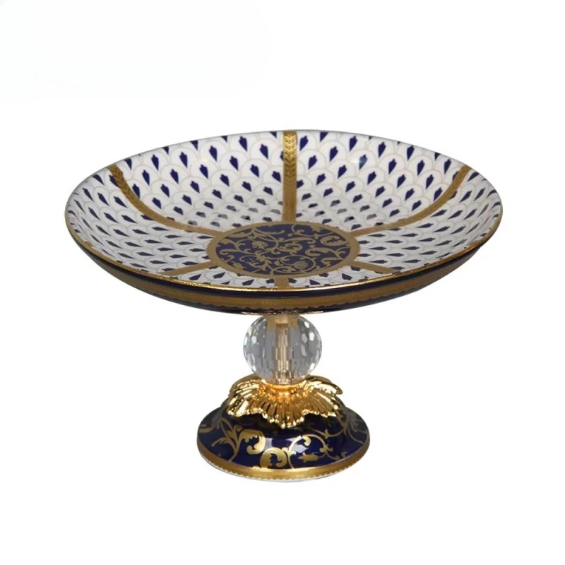 

Luxury minimalist style blue polka dot pattern porcelain fruit platter with crystal balls on the stem, decorative fruit tray