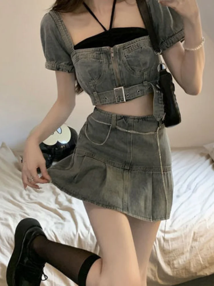 Female Outfits Mini Denim Skirt Short Women's Two Piece Set Night Club New in The Same Top and Bottom Matching Korean Style Sets