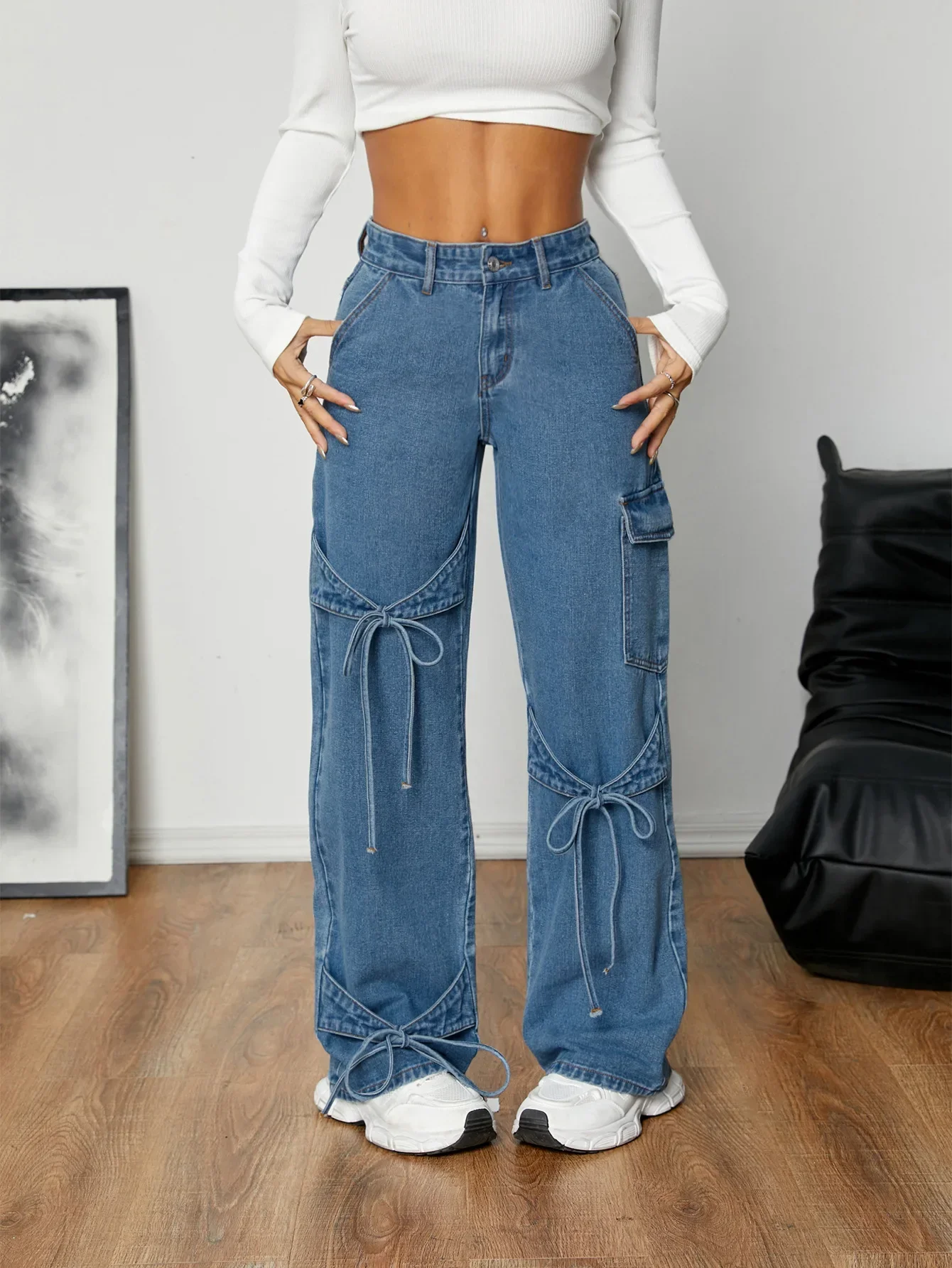 Dżinsy Damskie Denim Proste Szerokie Nogawki Spodnie 2025 Streetwear Guziki Kieszenie Średni Stan Sznurowane Kokarda Sprane Postarzane Spodnie
