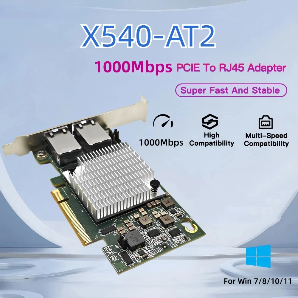 PCIE-X8 RJ45 네트워크 카드 X540-AT2 칩 기가비트 이더넷 10G 더블 LAN PCIe 어댑터, 노트북 PC Win 10/11, 1000Mbps