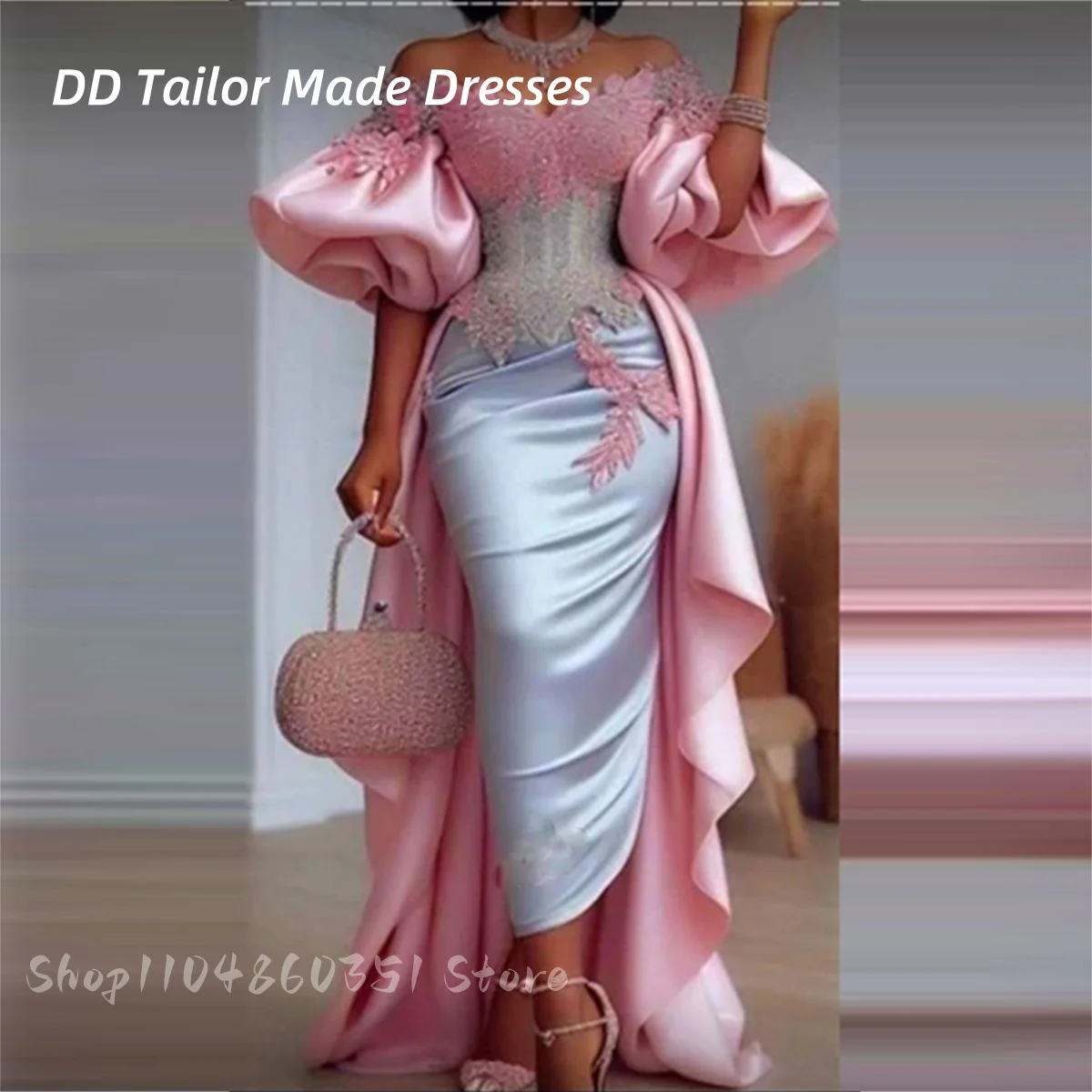 فستان Aso Ebi للحفلات الراقصة بأكمام قصيرة مزين بالدانتيل الوردي غمد أنيق للحفلات الرسمية زي سهرة طويل مخصص