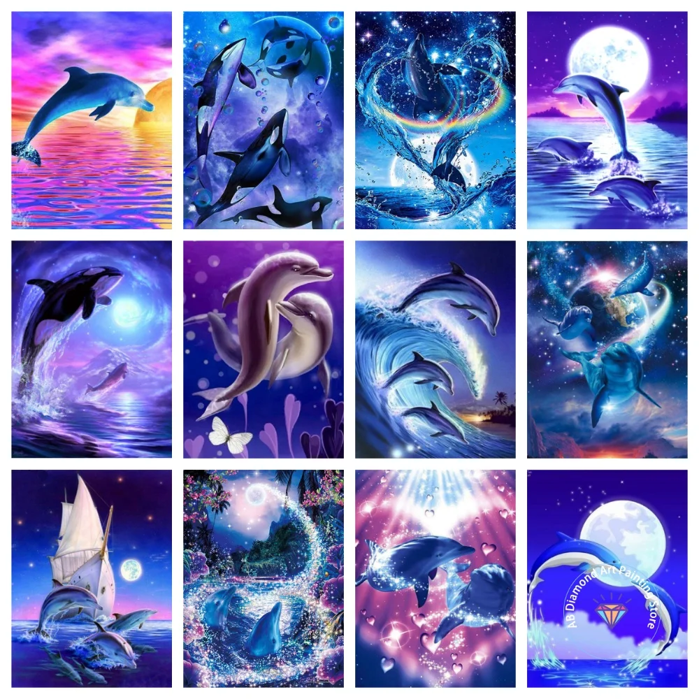 

Dolphin Sea Moon Full AB Diamond Painting Kit Square Round Diamond 5D DIY Animal Mosaic Handmade Art Exquisite Gift Home Decor