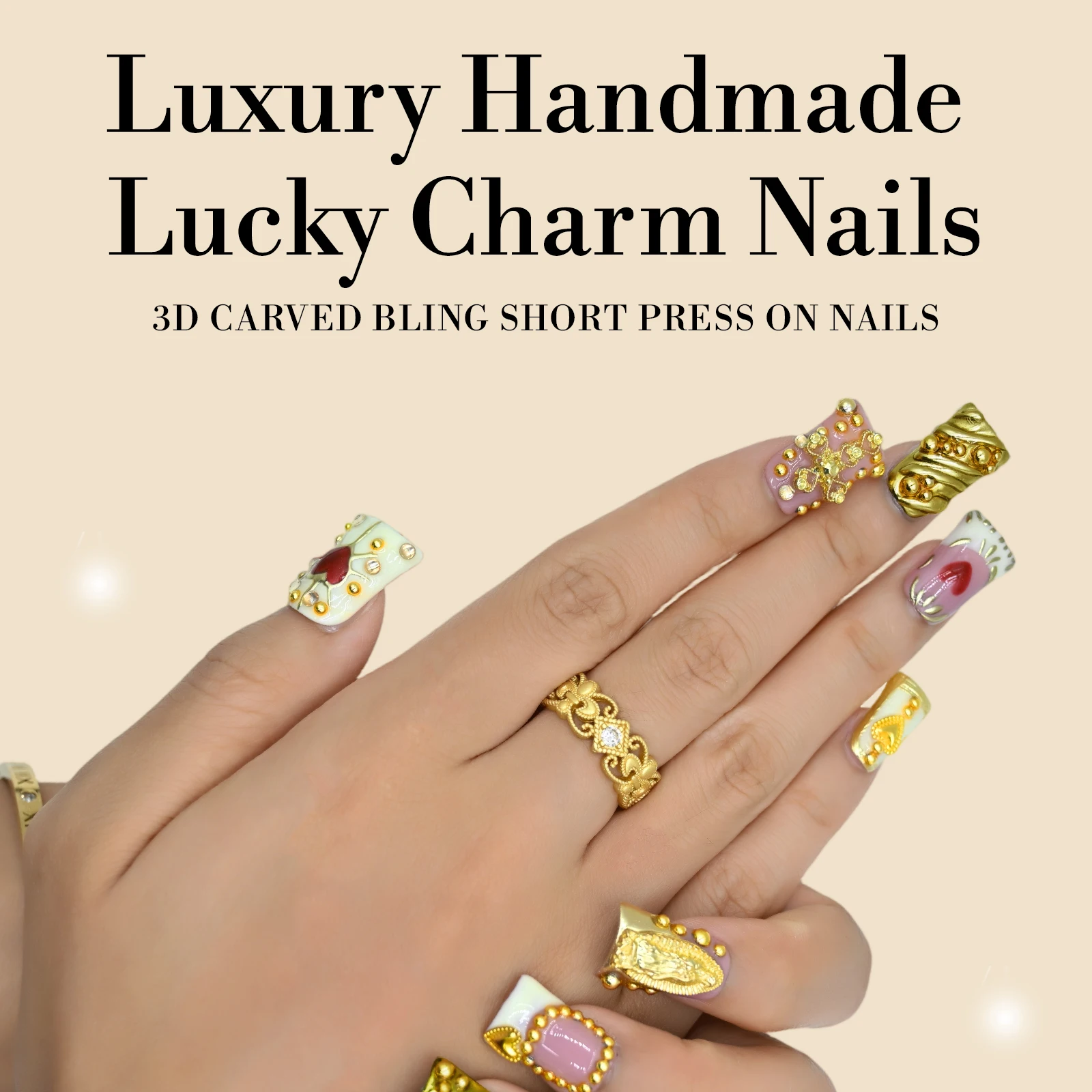 

Handmade Press On Nails, Gilded Heart Rhinestone Short Duckbill Edgy Nails