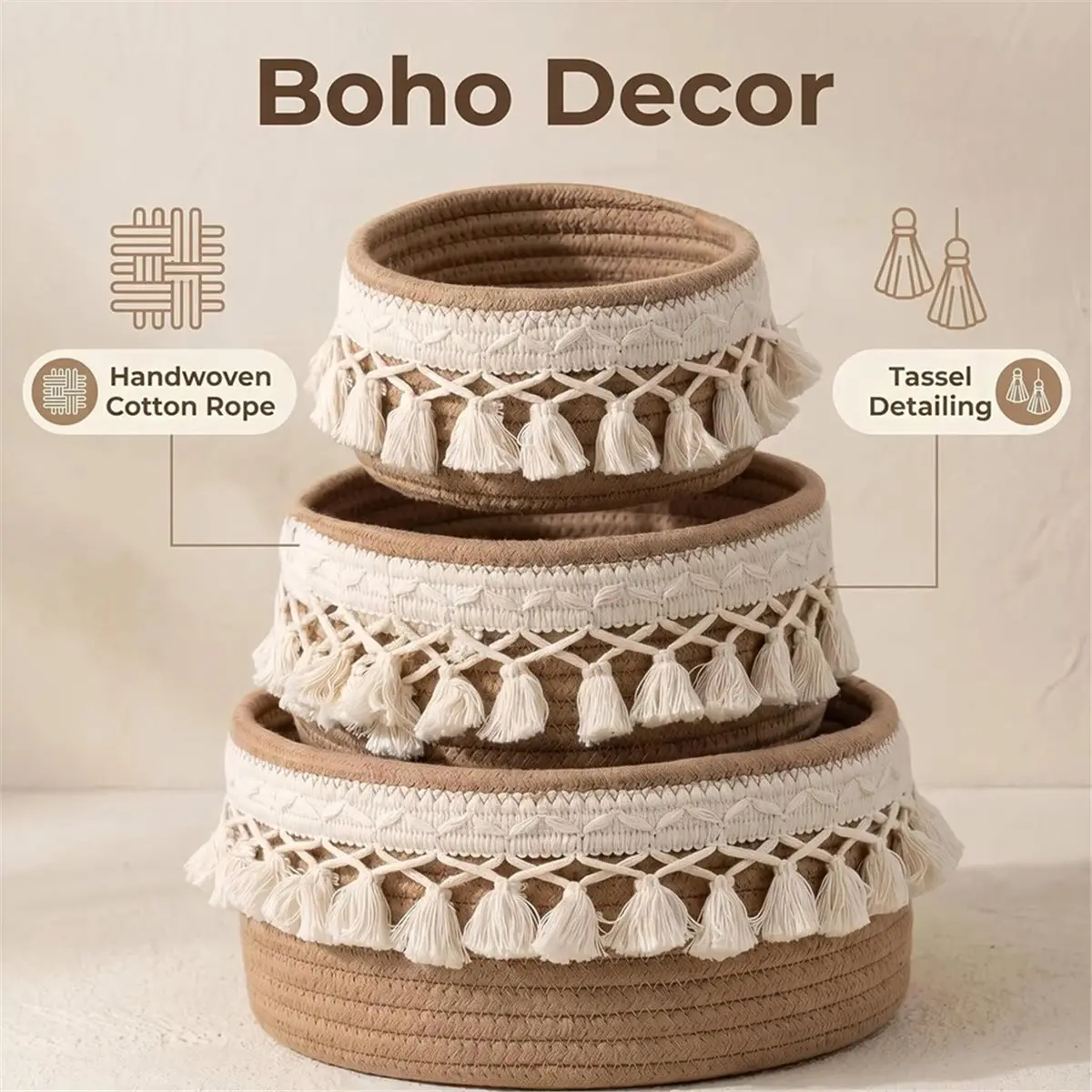 Multi-use Gear 3 Pack Woven Basket,Macrame Makeup Basket,Boho Vanity Cosmetics Desk Storage Baskets,Natural Cotton Rope