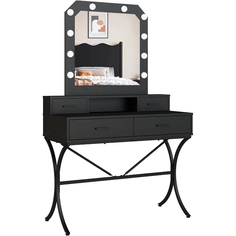 

Vanity Table with Lighted Mirror, Modern Makeup Vanity Table with 10 Lights Makeup Desk 4 Drawer Storage Dressing Table f