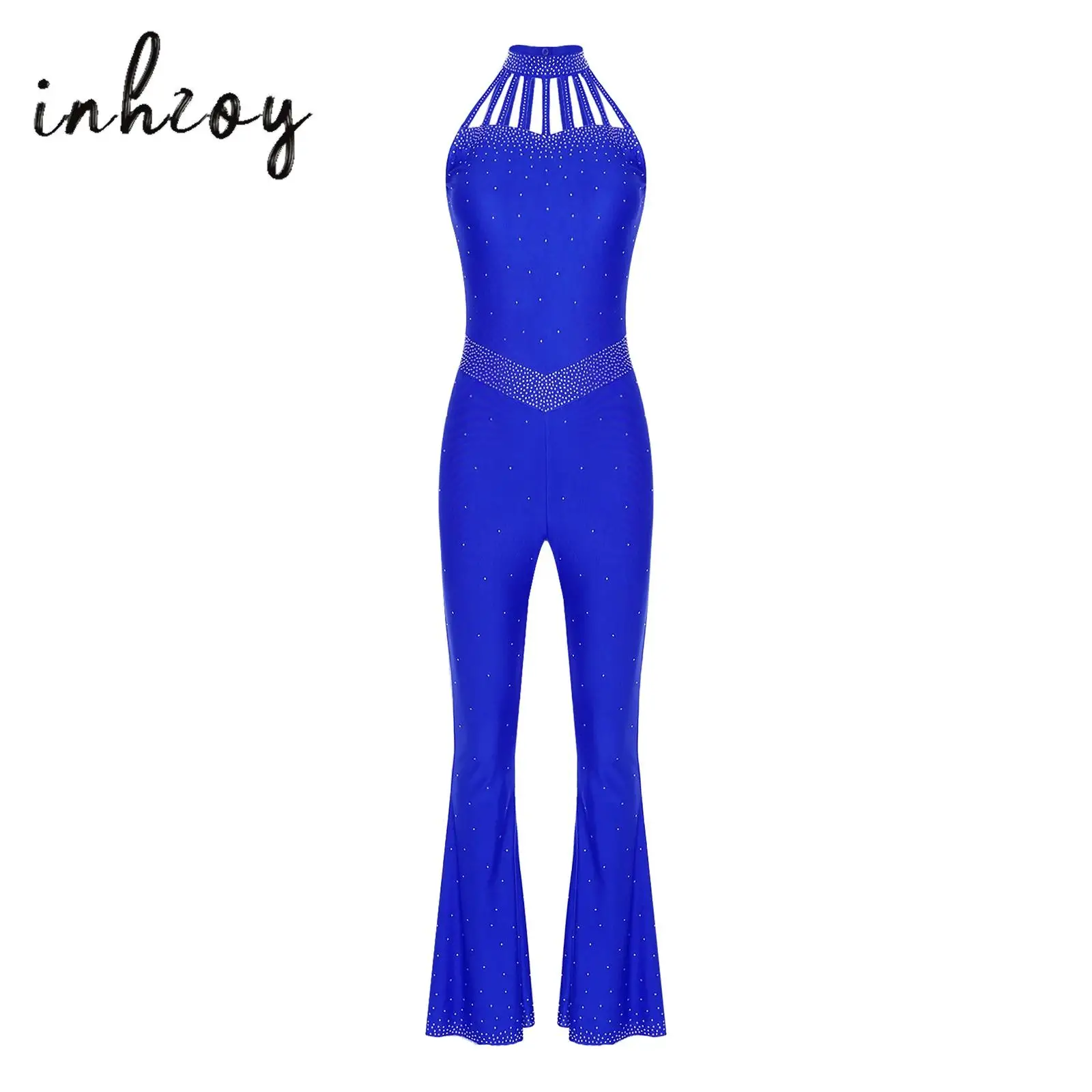 

Women Figure Skating Gymnastics Jumpsuit Sparkling Rhinestones Halter Neck Sleeveless Strappy Bell-Bottom Bodysuit Dance Costume