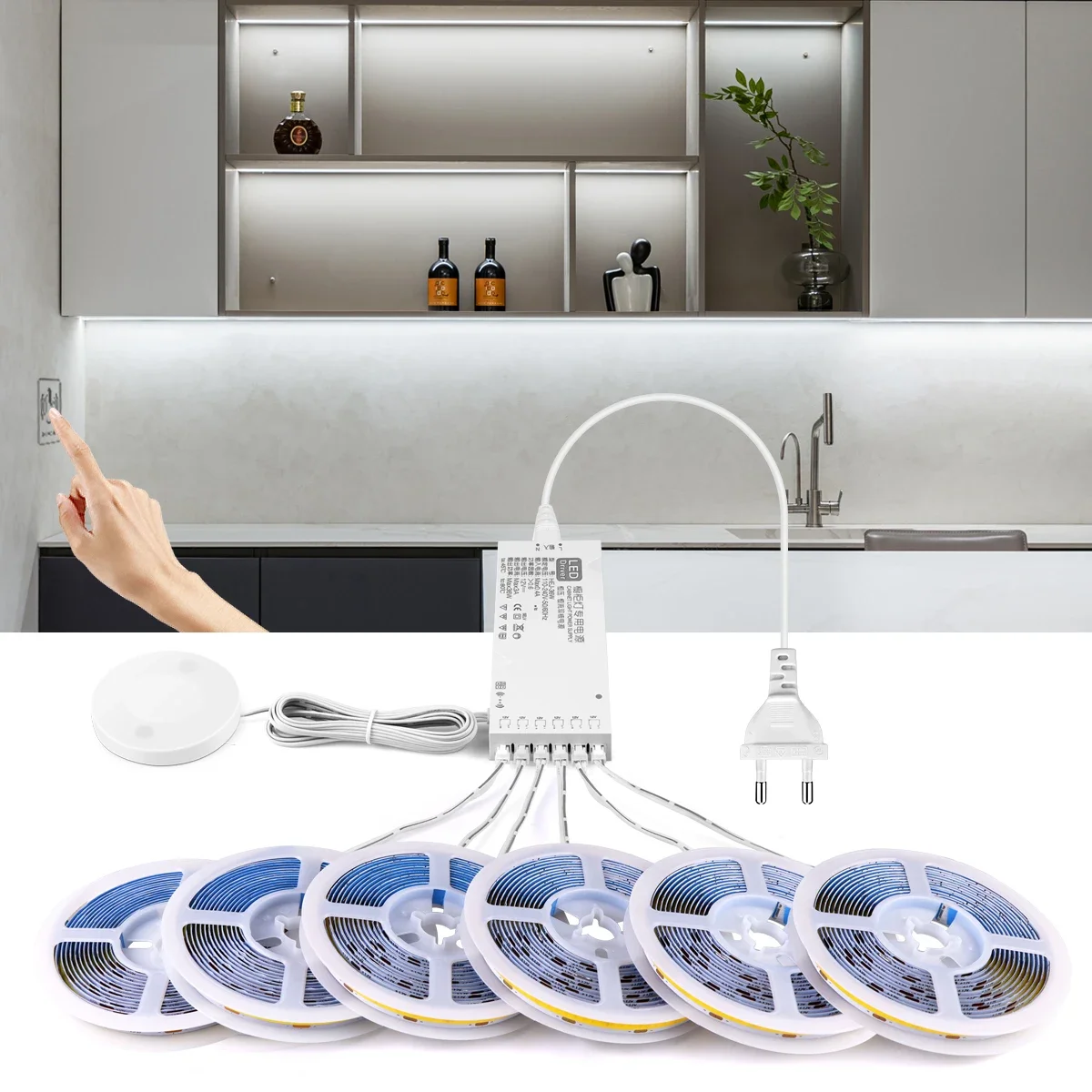 2-6PCS COB LED Strip Light Kit with Dimmable Touch/Hand Sweep Sensor Cabinet Lighting for Kitchen Wardrobe Background Wall Decor