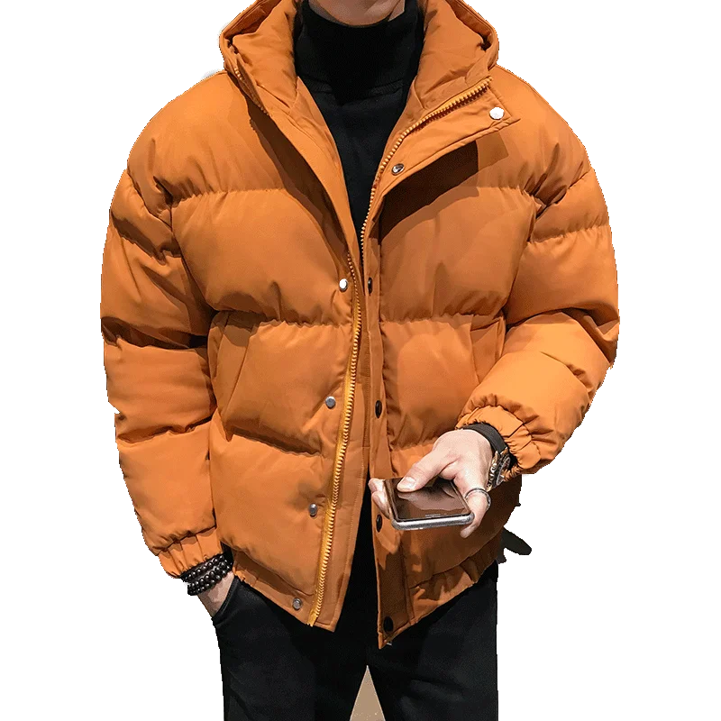 

Мужское зимнее хлопковое пальто Thiened down Jaet ort Bread Sle с капюшоном Faionable Orange в Корейском стиле, теплое хлопковое пальто