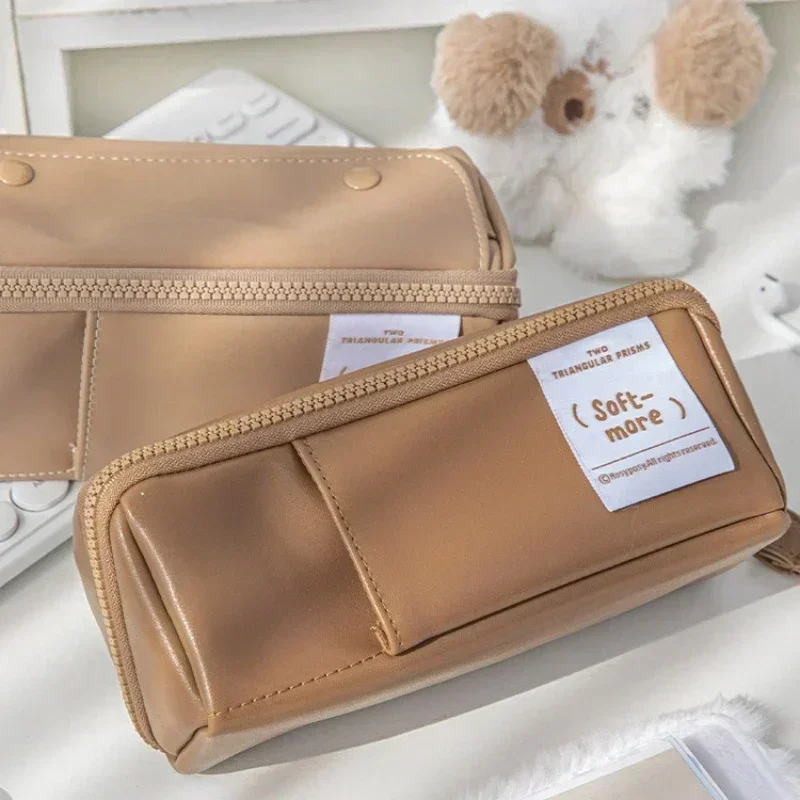 1 Piece Coffee Color Series Pencil Case Simplicity Fashion High Capacity Stationery Pencil Bag Waterproof PU Leather Pencil Bag