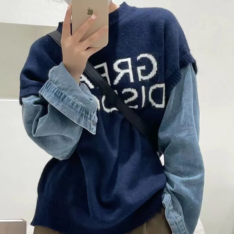 New Autumn Fashion Design Feel Lazy and Fake Two Piece Denim Panel Sweater Loose and Versatile Long Sleeve Women\'s Sweater