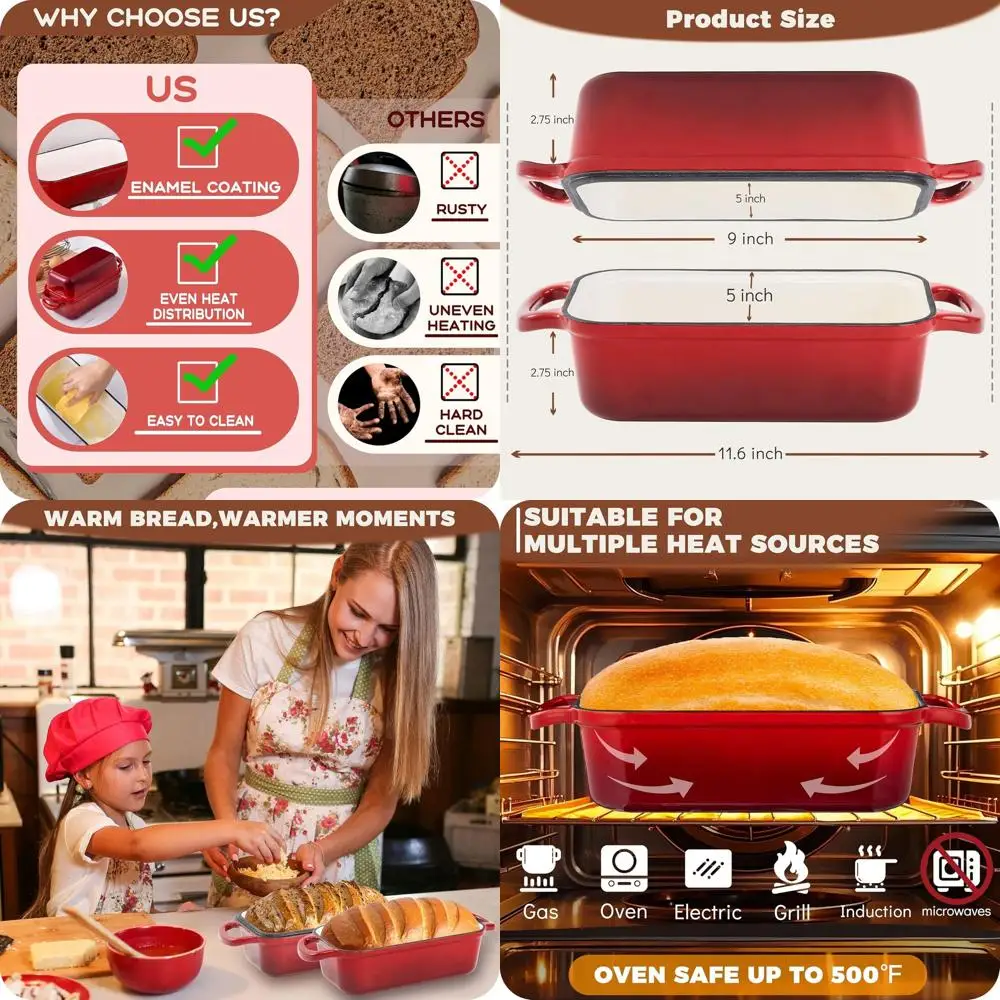 

Cast Iron Bread Loa Pan with Lid, 2 In 1 Loa Pans or Bg Bread 9x5, Enameled Bread Pans or Homemade Bread, Sourdough, Even Heatin