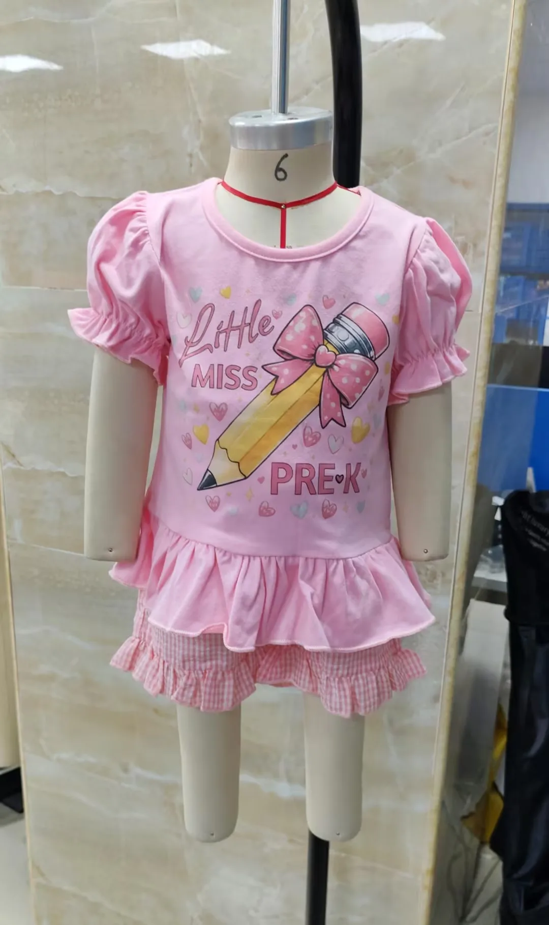 Girls Summer 2-Piece Outfit Little Miss Pre-K Short Puff Sleeve Pencil Print T-Shirt and Plaid Shorts Back to School Clothes