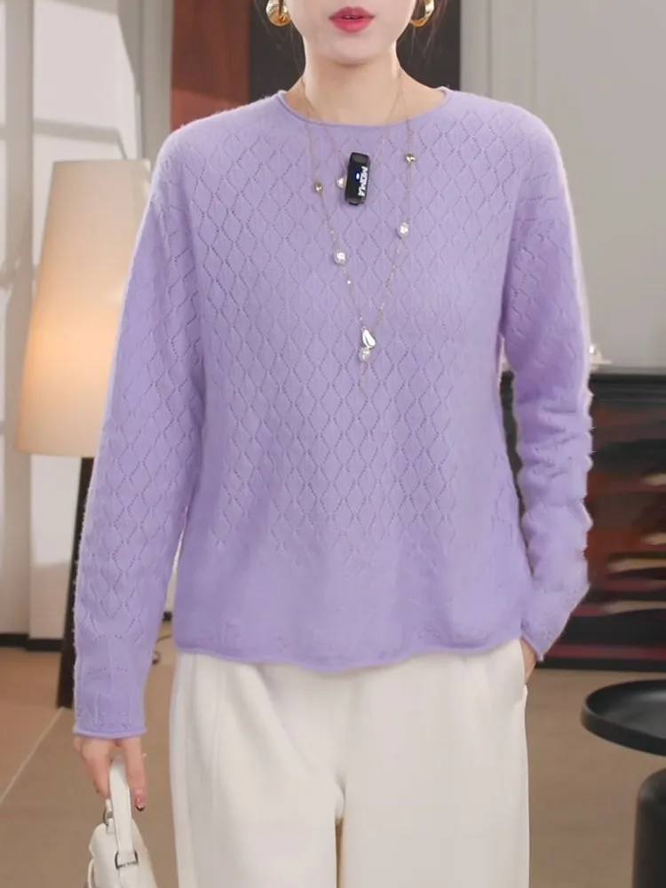 

Фиолетовый вязаный свитер с ажурными вставками, свободный крой, женский топ для осеннего сезона, подчеркивающий цвет лица...