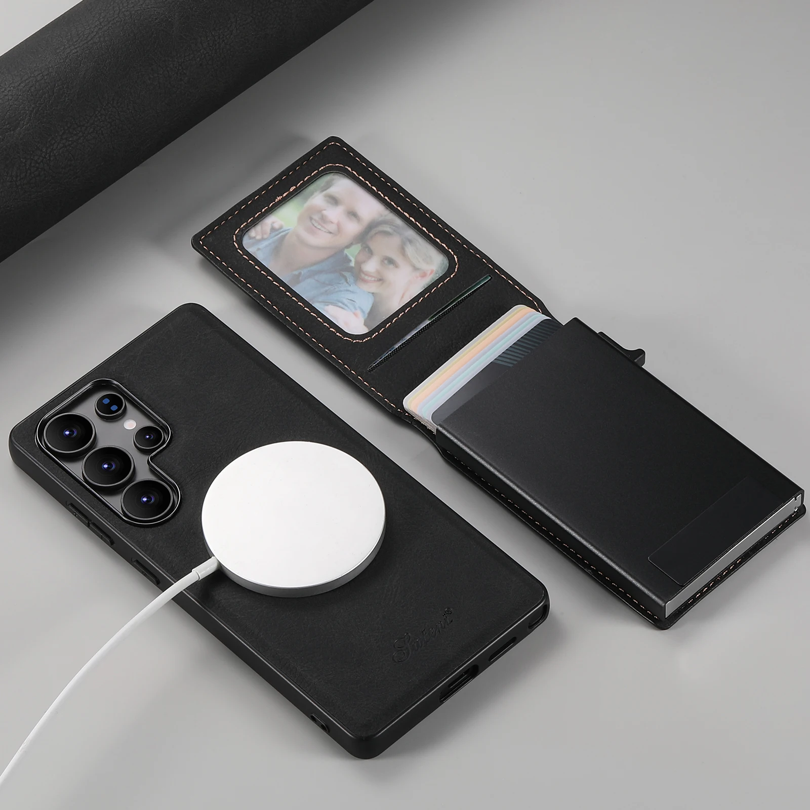 

Wireless Charging Phone Case Card Slot Luxury Faux Leather Wallet Button Card Box Picture Frame Support For Samsung S26Ultra S24