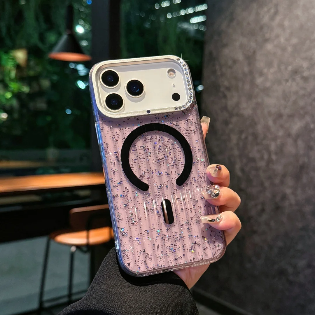 

Case For iPhone 17 Air Pro Max Magsafe Transparent Glitter Corrugated Textured Diamond Studded Metal Camera Lens Frame Cover