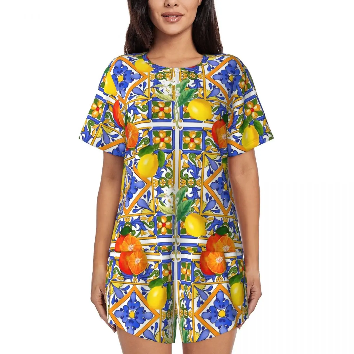 Retro Fruit Print Pajamas Summer 2 Pieces Citrus And Lemons Pajamas Set Woman Short Sleeve O Neck Aesthetic Pattern Nightwear