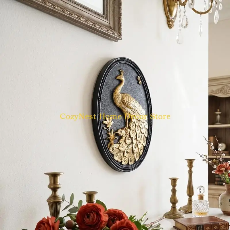 92MF Antiqued Resin Peacocks Wall Art with a Sculpting Florals Motifs and Raised Beaded Border for Living Room or Entryways