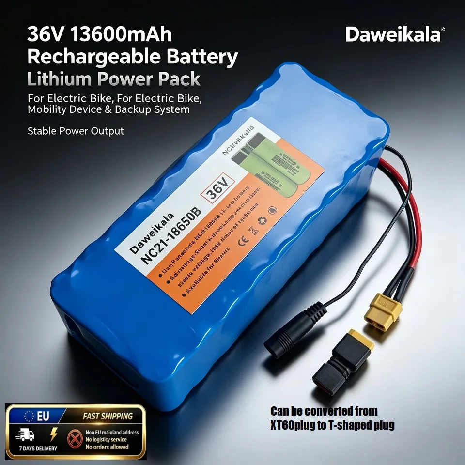 Batteria al litio ricaricabile da 36 V e 13600 mAh, marca Daweikala, con connettore XT60 convertibile in connettore a T, per biciclette elettriche, dispositivi per la mobilità e sistemi di