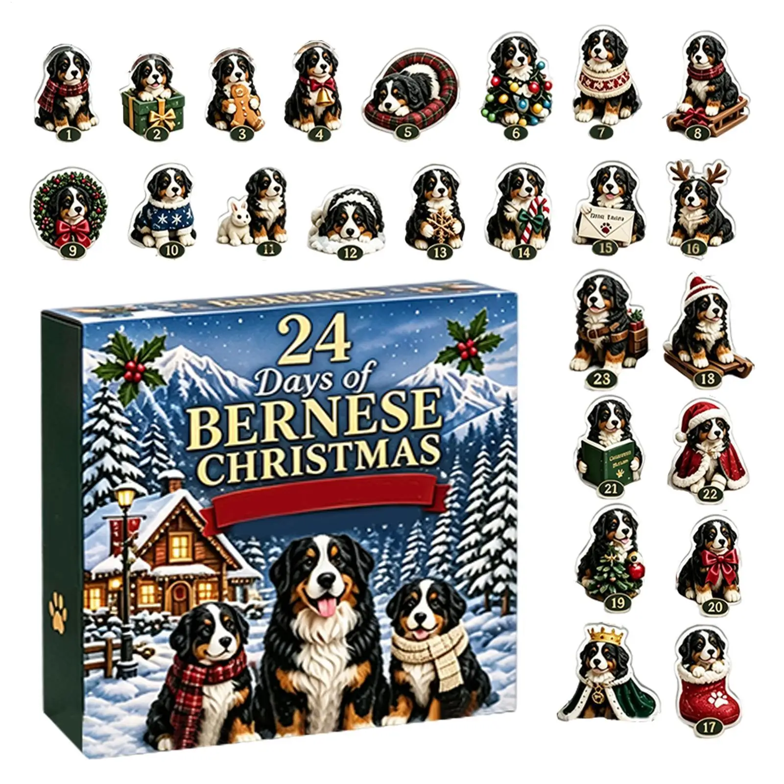 2026 Christmas Countdown Calendar Puppy Decor  2D Acrylic Bernese Mountain Dog Ornaments Party Favors Christmas Gifts For Kids