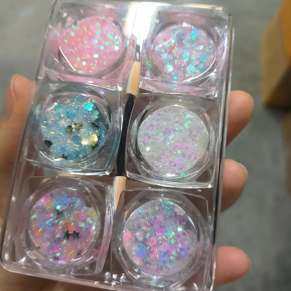 6個入り クリスマス フェイス アイ ネイル グリッター スパンコール ミックス ハート スター バタフライ 六角形 フレーク アイシャドウ ボディ ネイルアート デコレーション用