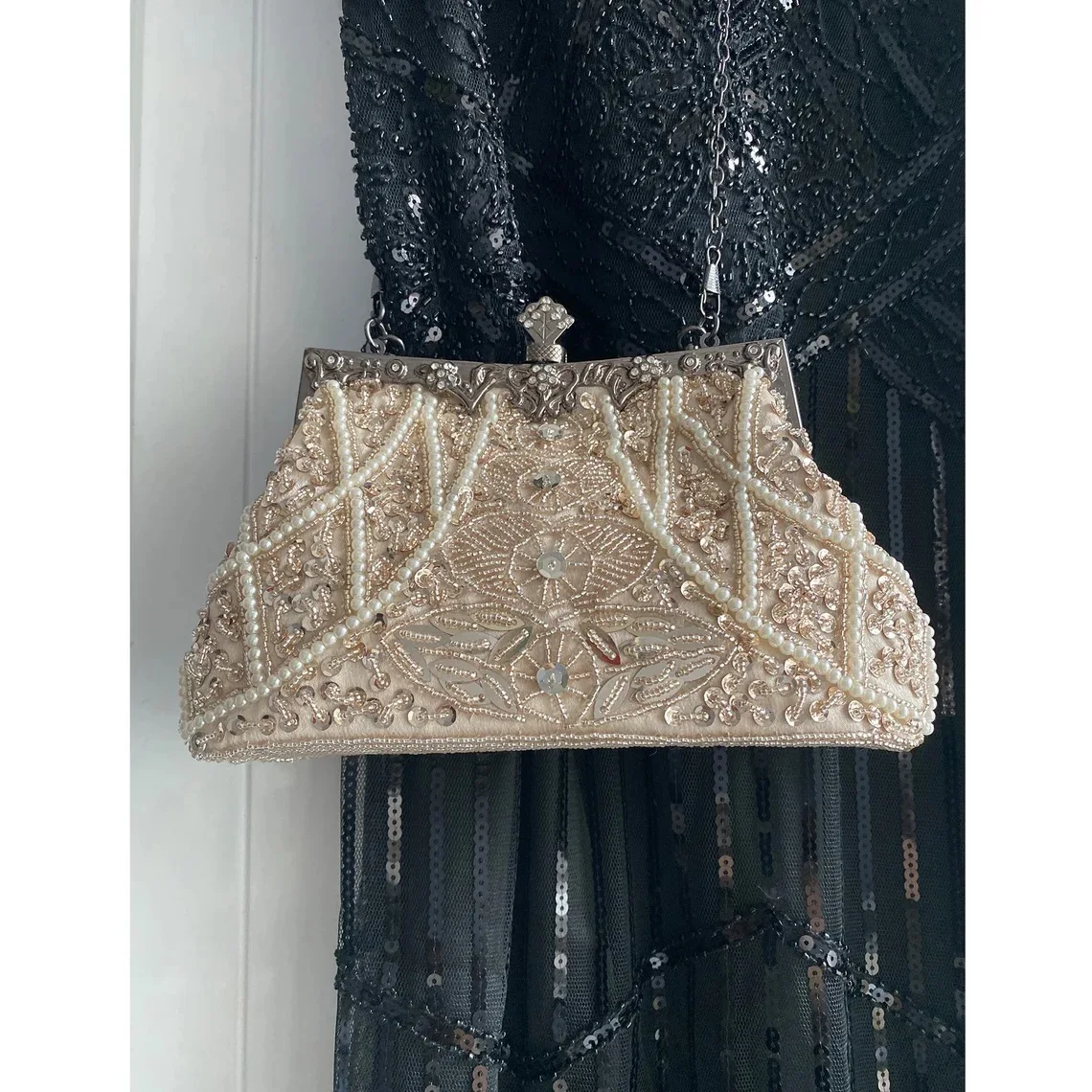 Lost in bolso de noche vintage, bolso de mano con patrón de cuentas de perlas y cadena de hombro extraíble desmontable para fiesta Formal