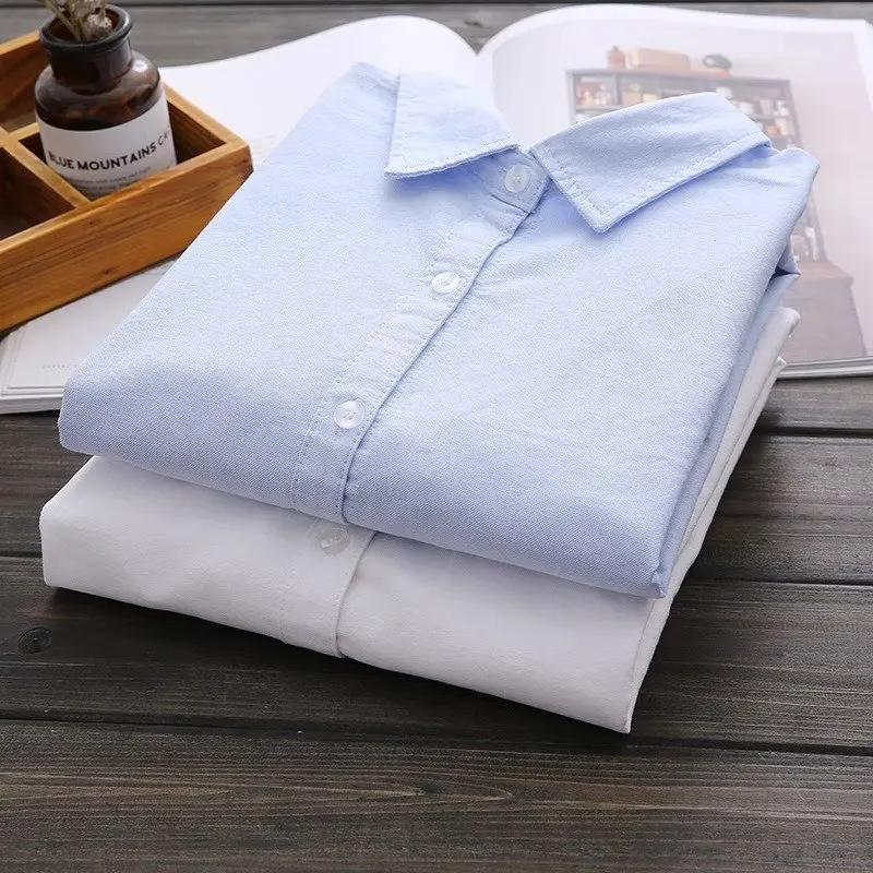 قميص نسائي كاجوال من القطن الخالص للربيع والخريف، تصميم كوري بسيط متعدد الاستخدامات، قميص أساسي احترافي للسيدات بياقة وأزرار