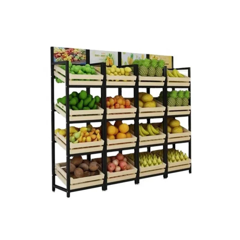 custom.Movable Fruit and Vegetable Display Stand Supermarket Shelves Wood with Wheels