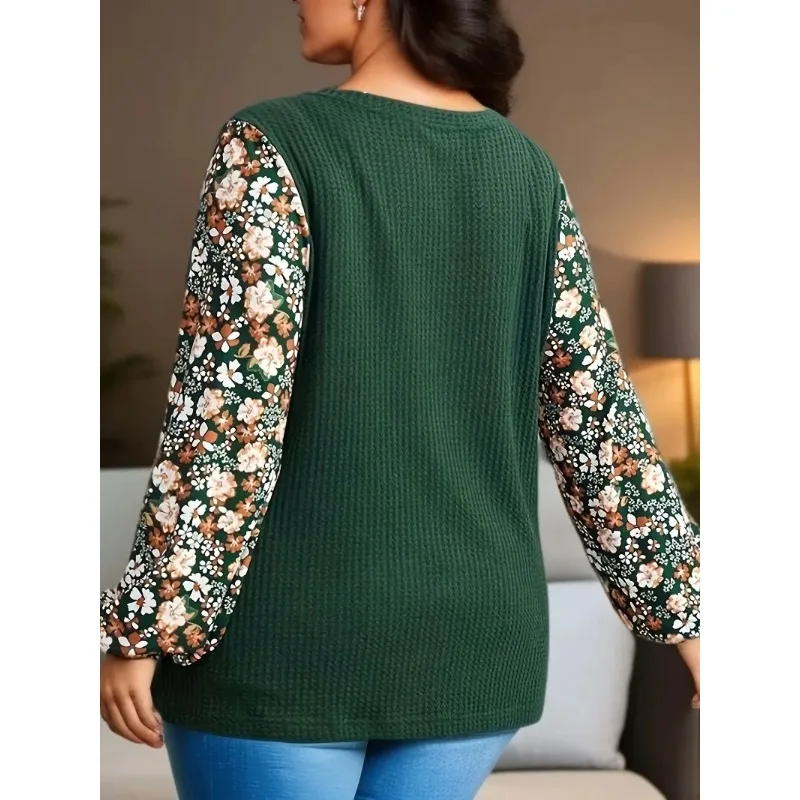 Plus Size 1XL-5XL Women\'s Waffle Patchwork Ditsy Floral V Neck T-Shirt Long Sleeved Casual Top