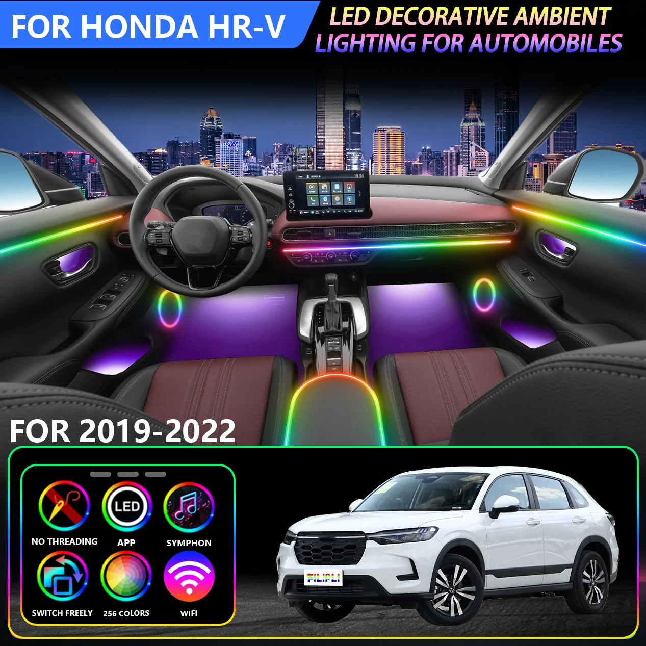 Intelligent APP Control Rainbow 6 in 1 Car LED Light Strip, Fit For Honda HR-V 2019-2022 Models, Full Spectrum Acrylic Neon Atmosphere Light Music Synchronization Multi , Non Waterproof Interior Decoration Lights