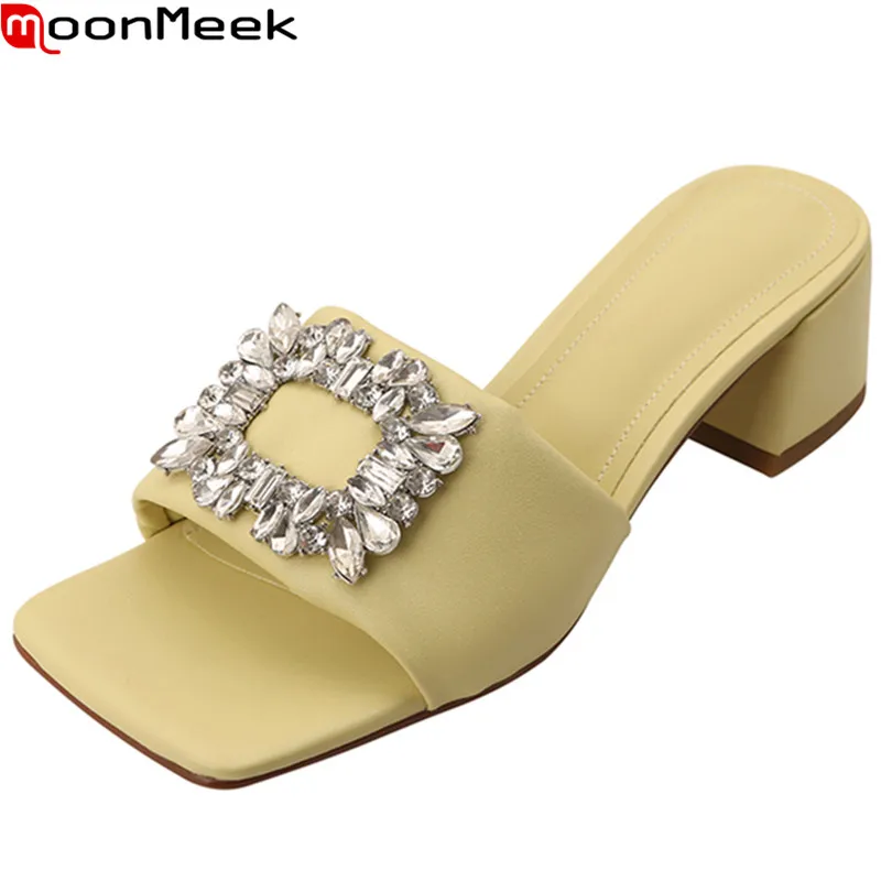 

MoonMeek 2022 New Rhinestone Square Med Heels Shoes Genuine Leather Modern Slippers Woman Fashion Ladies Outside Slippers