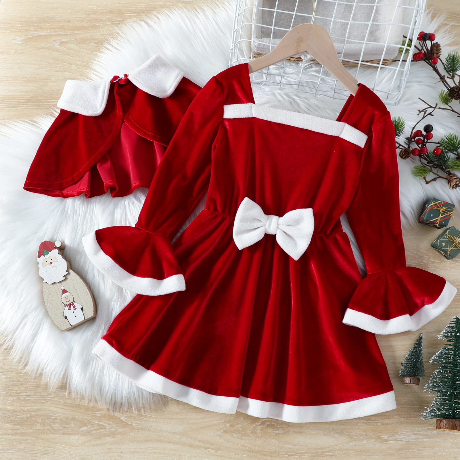 Kids Girls Christmas Outfits Square Neck Long Sleeve Bowknot Dresses with Shawl Xmas Theme Party Santa Claus Cosplay Costume