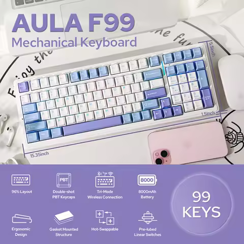 AULA F99 Wireless Mechanical Keyboard BT/2.4G/Wired Hot Swappable Gasket Custom Gaming Keyboard with Five-Layer Padding 8000mAh