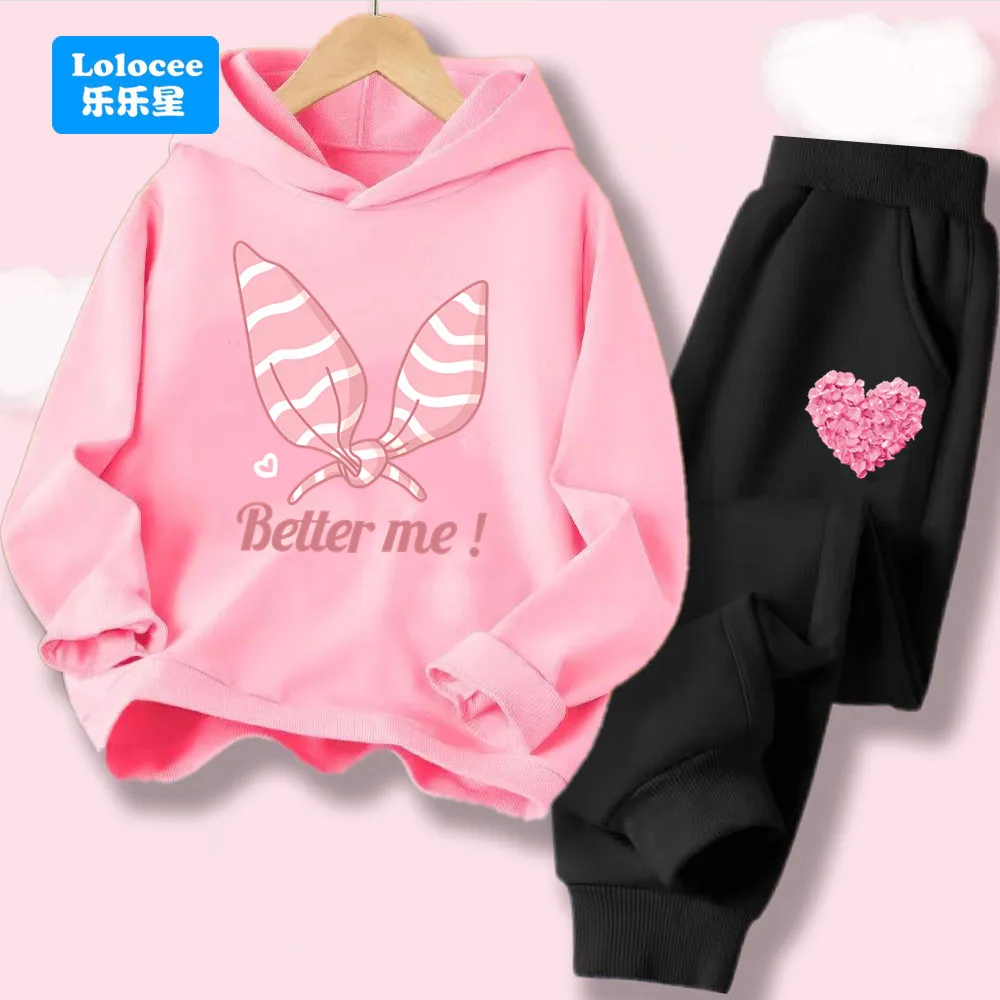 Girls 2 Piece Tracksuit Bunny Ears Print Hoodie And Sweatpants Cotton Casual Outfit