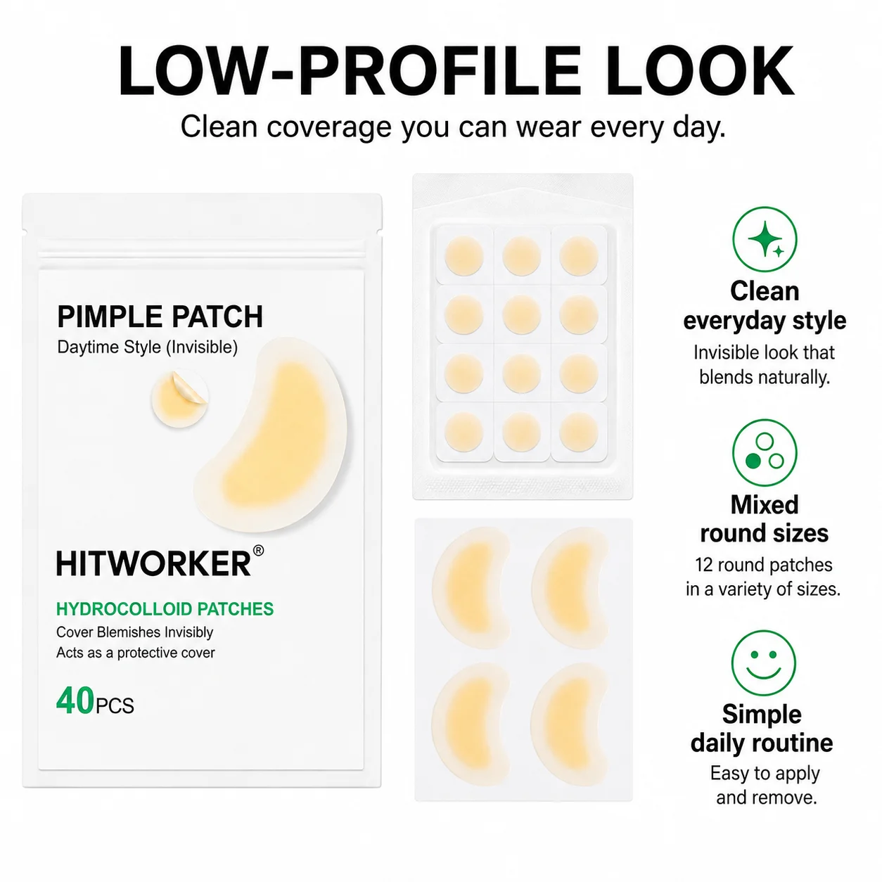 40PCS Hydrocolloid Pimple Patches, 36 Round + 4 Crescent Dual-Shape Clear-Look Blemish Cover Patches for Daily Beauty Care