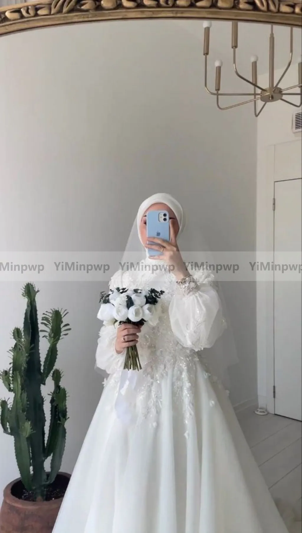 Vestidos de novia blancos musulmanes para Hijab novia mangas largas abullonadas una línea apliques 3D vestidos de novia de tul florales personalizados