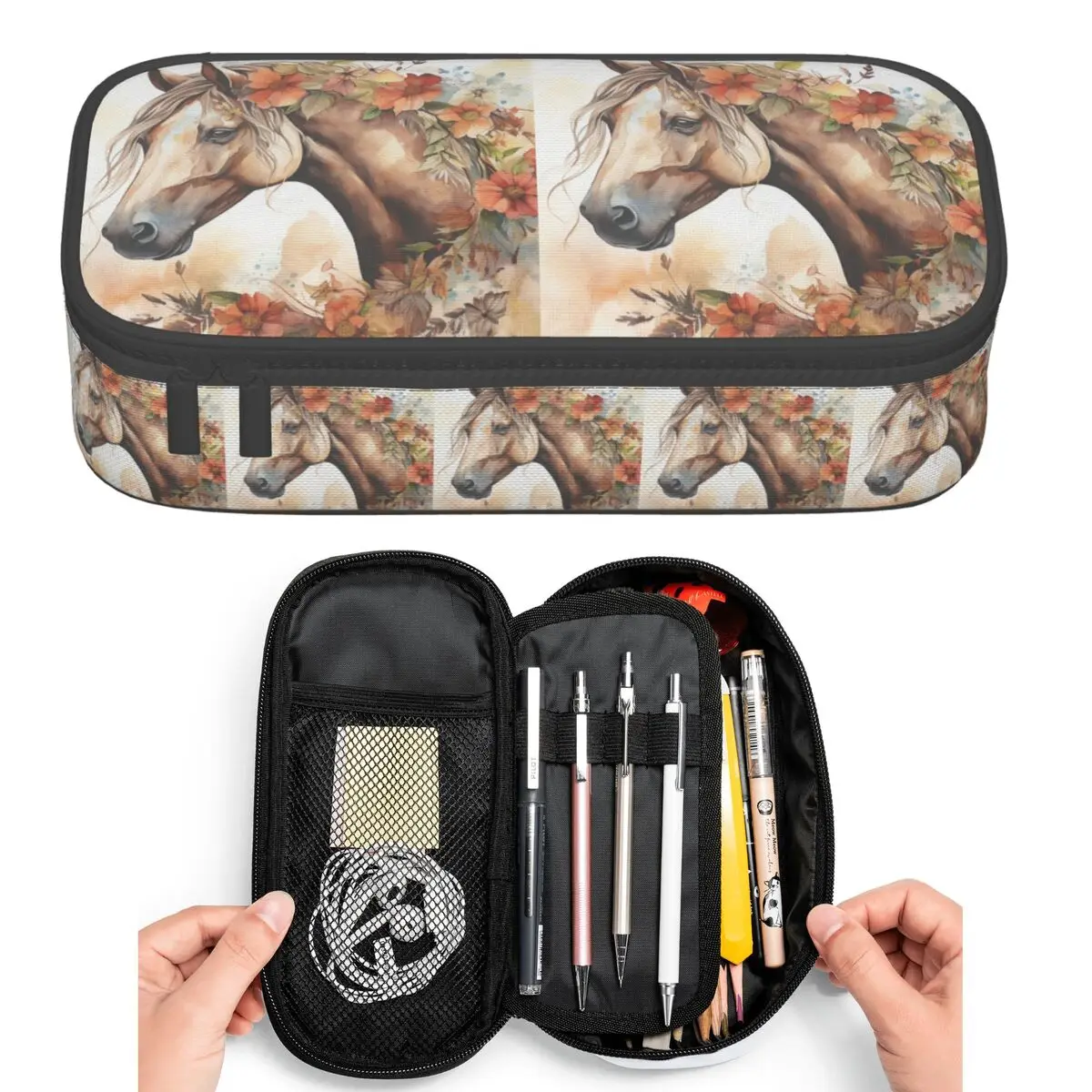 

Horses Surround The Flowers Pencil Cases for Student Pen Box Pencil Bag Big Capacity Pencil Pouch Pen Holder