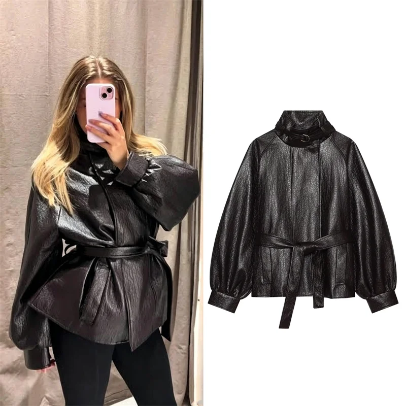 Guobioziy Women's Jacket 2026 Early Autumn New Fashion High-End Leather Effect Long Sleeve Stand Collar with Belt Short Jacket