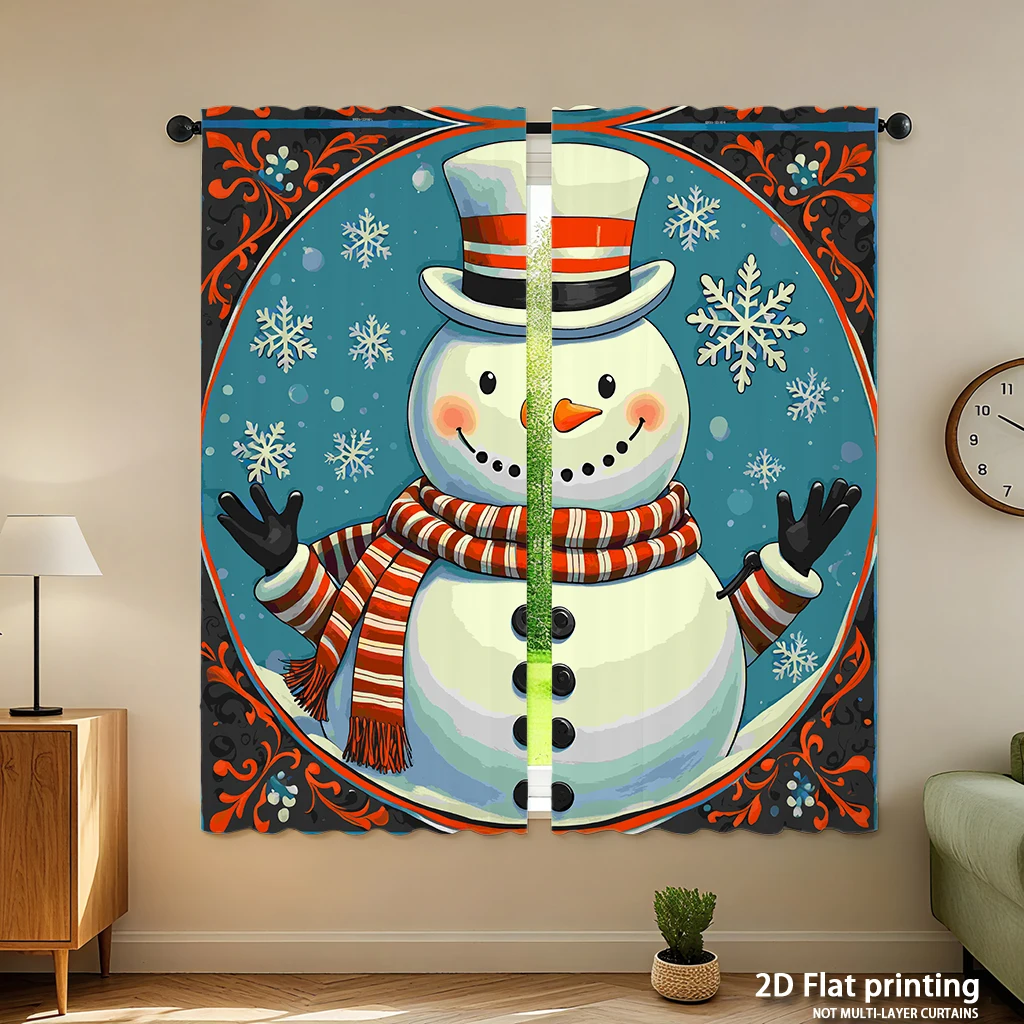 2-piece set of high-definition digital printed curtainssnowman winter redwhite blue decorative border christmas styleHome decora