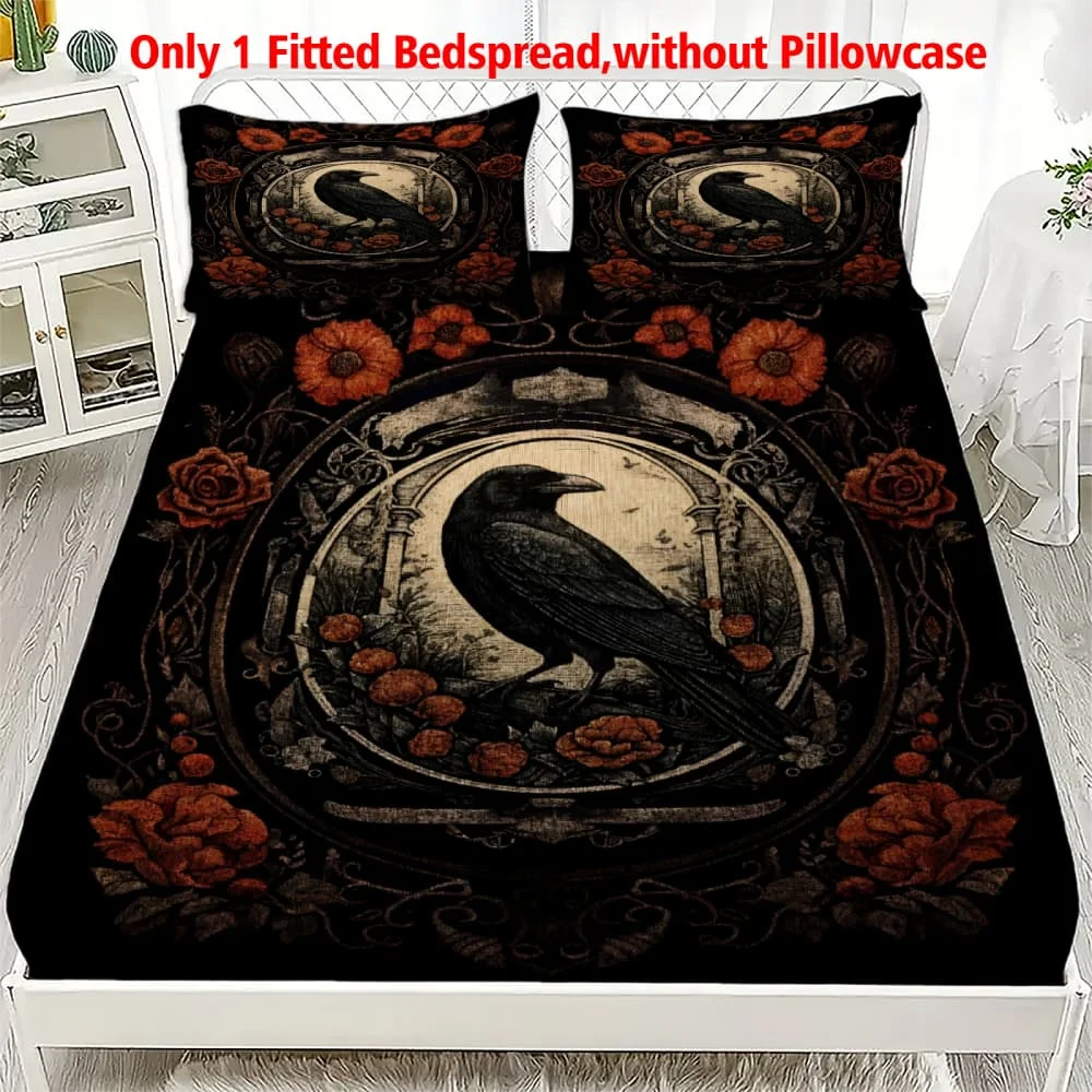 1pc Vintage Raven & Red Rose Print Fitted Sheet Deep Pocket Elastic Mattress Cover Single Double Queen King Bedroom Decor