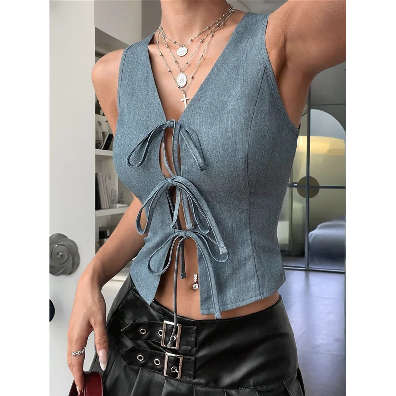Hot Kf-Vrouwen Tie Front Vest Top Open Front Crop Tanks Zomer Vest Mouwloos Y2K Outfits Shirt