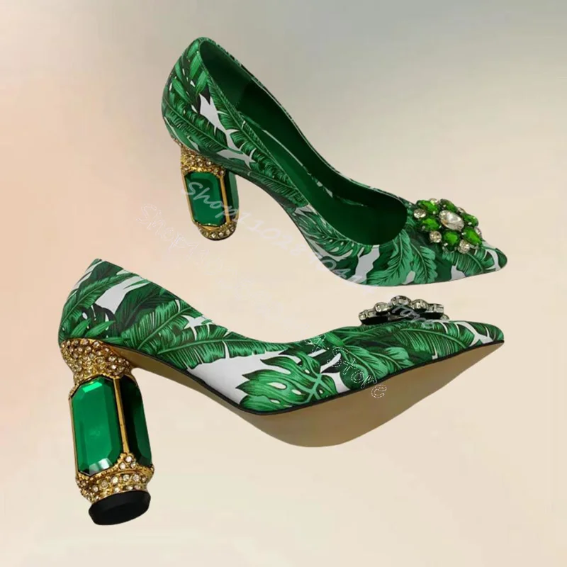 

Green Crystal Flower Floral Print Pointed Toe Pumps Slip On Women Shoes Strange Style Heels Party Feast 2024 Zapatos Para Mujere